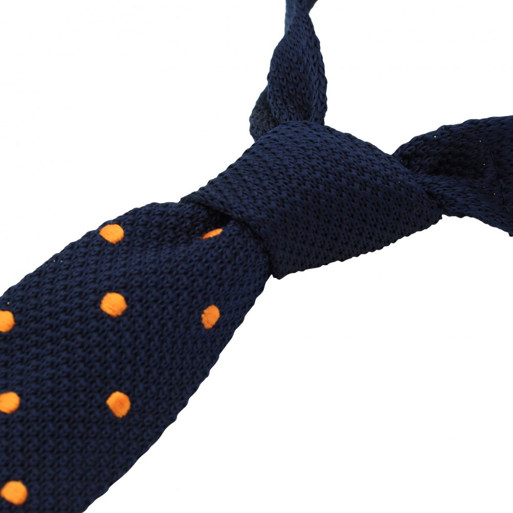 Cravate Tricot Homme Bleu Marine Gros Pois Oranges