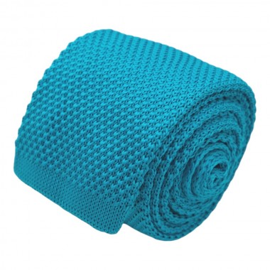 Cravate tricot pour homme. Bleu turquoise soutenu uni....