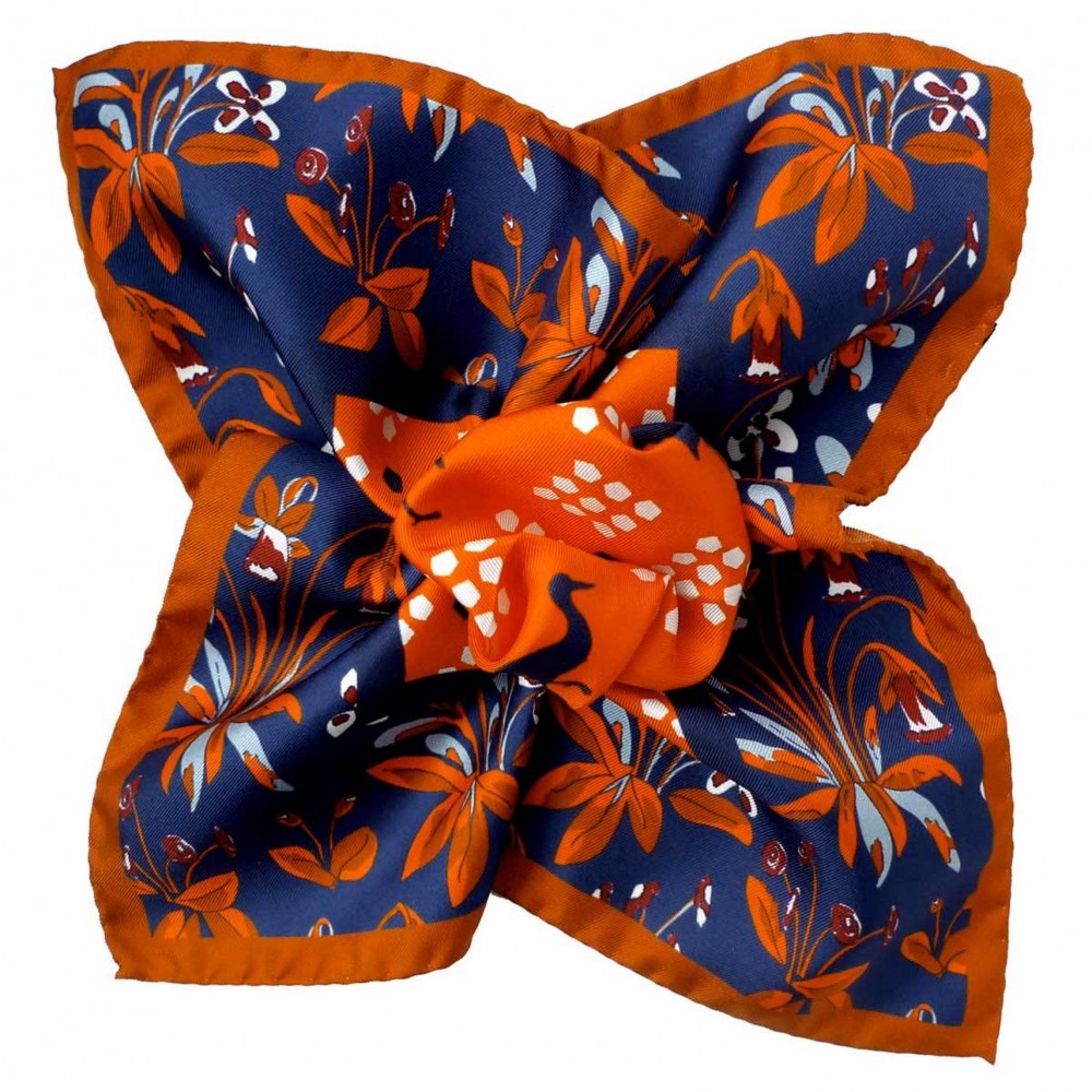 Pochette de costume Soie Marine et Orange floral et Héron